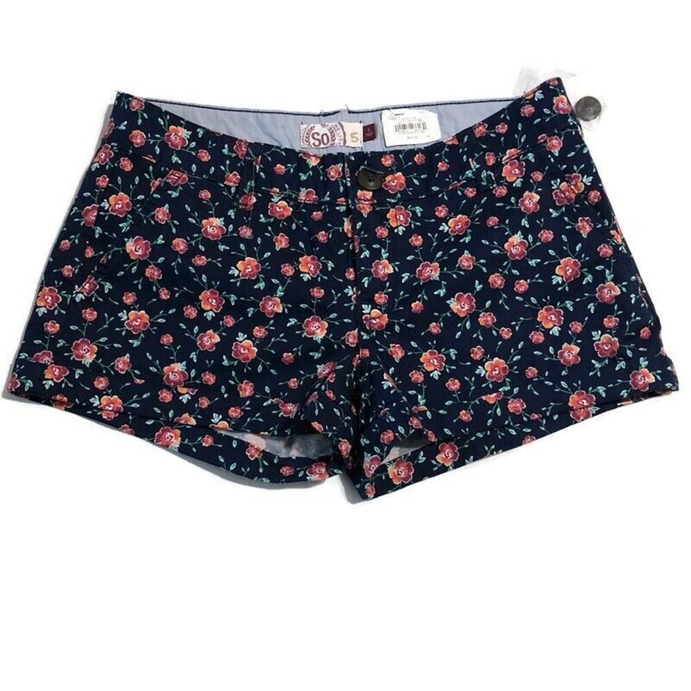 SO Womens Shorts Juniors Sz 5 Cuffed Shortie Low Rise Navy Floral Casual Shorts
